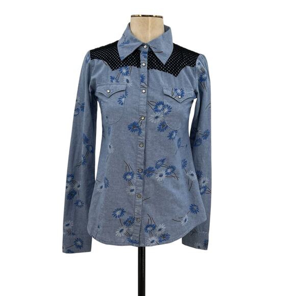 One Teaspoon Wild‎ Saloon Chambray Shirt Top Button Down Floral Blue Size XS - Picture 2 of 15